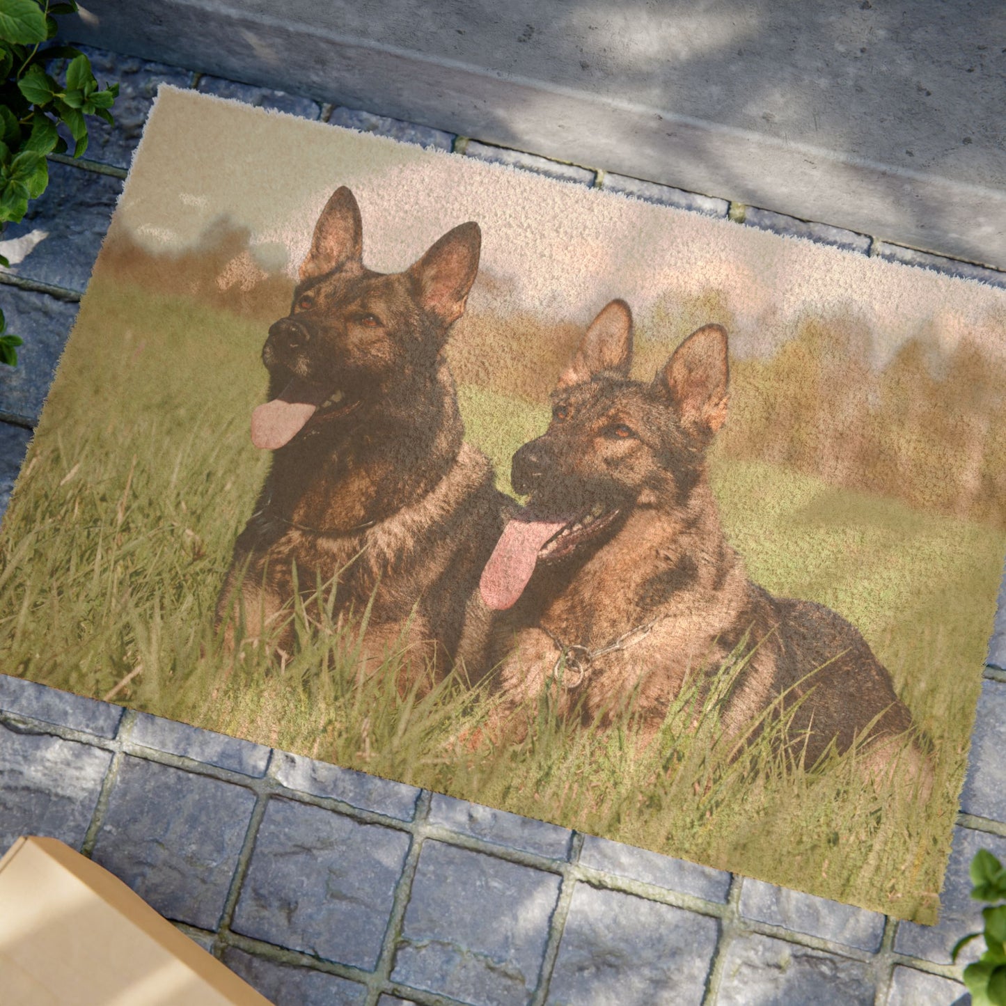 Dog Doormat Featuring Two Giant Working Line German Shepherds Sitting on the Grass