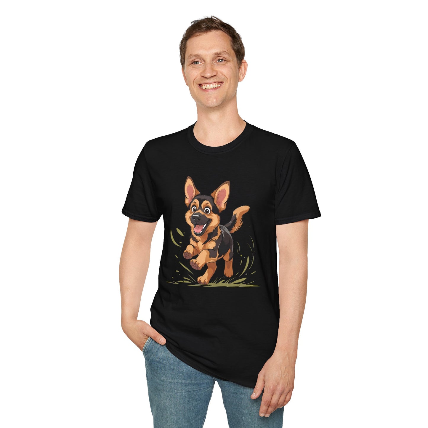 Cute Playing Puppy Graphic Unisex Softstyle T-Shirt, Dog Lover Gift, Casual Wear, Animal Theme Shirt, Perfect for Birthdays, Pet Owners
