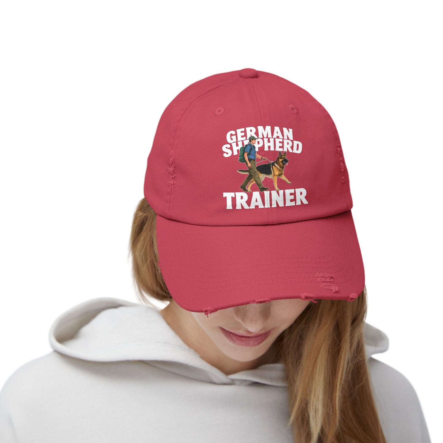 Unisex Distressed Cap Featuring a Trainer Leading German Shepherd, Dog Trainer Gift