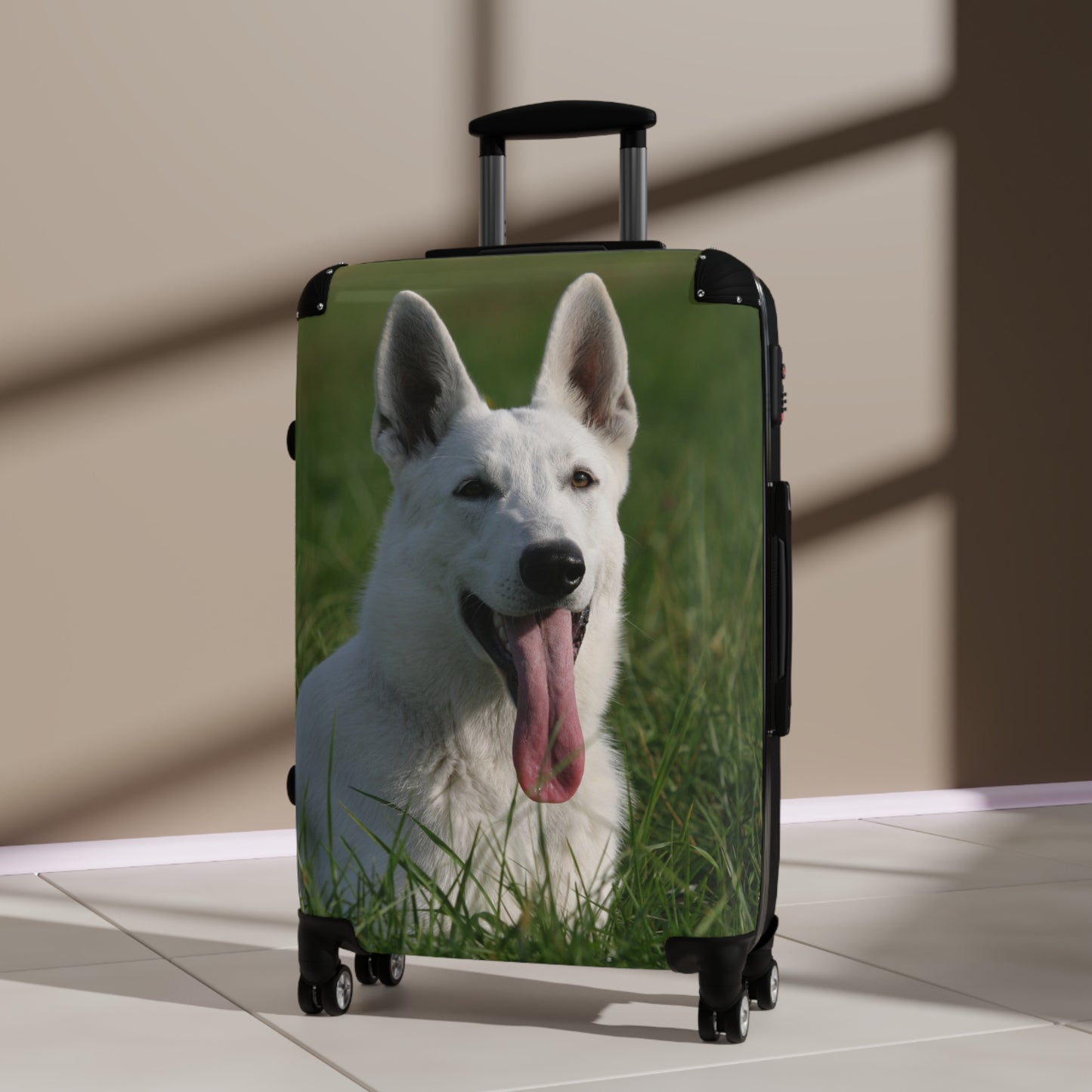 Dog Lovers Suitcase Featuring a White German Shepherd Resting On Grass Leaving Tongue Out
