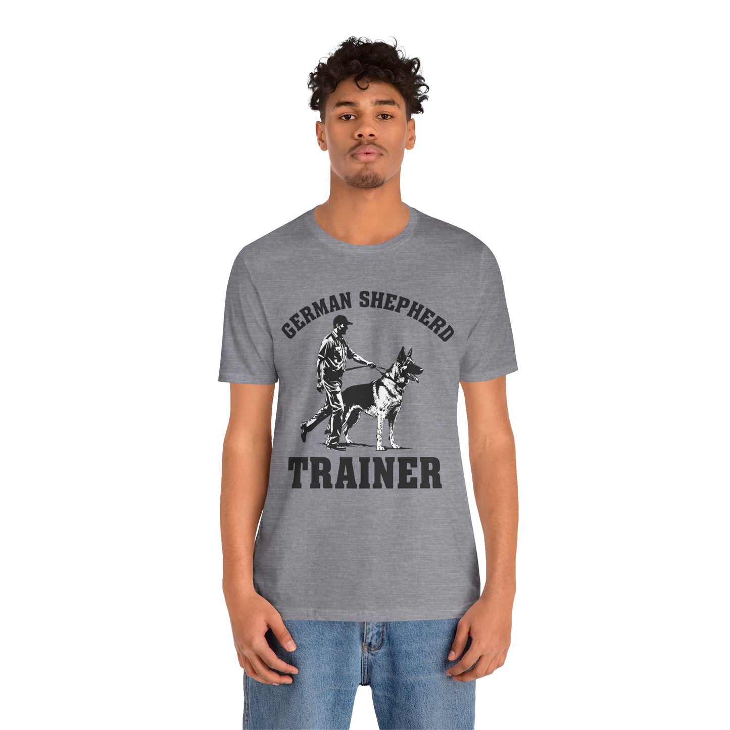 German Shepherd Trainer Tee - Black and White Design of Man Holding a German Shepherd