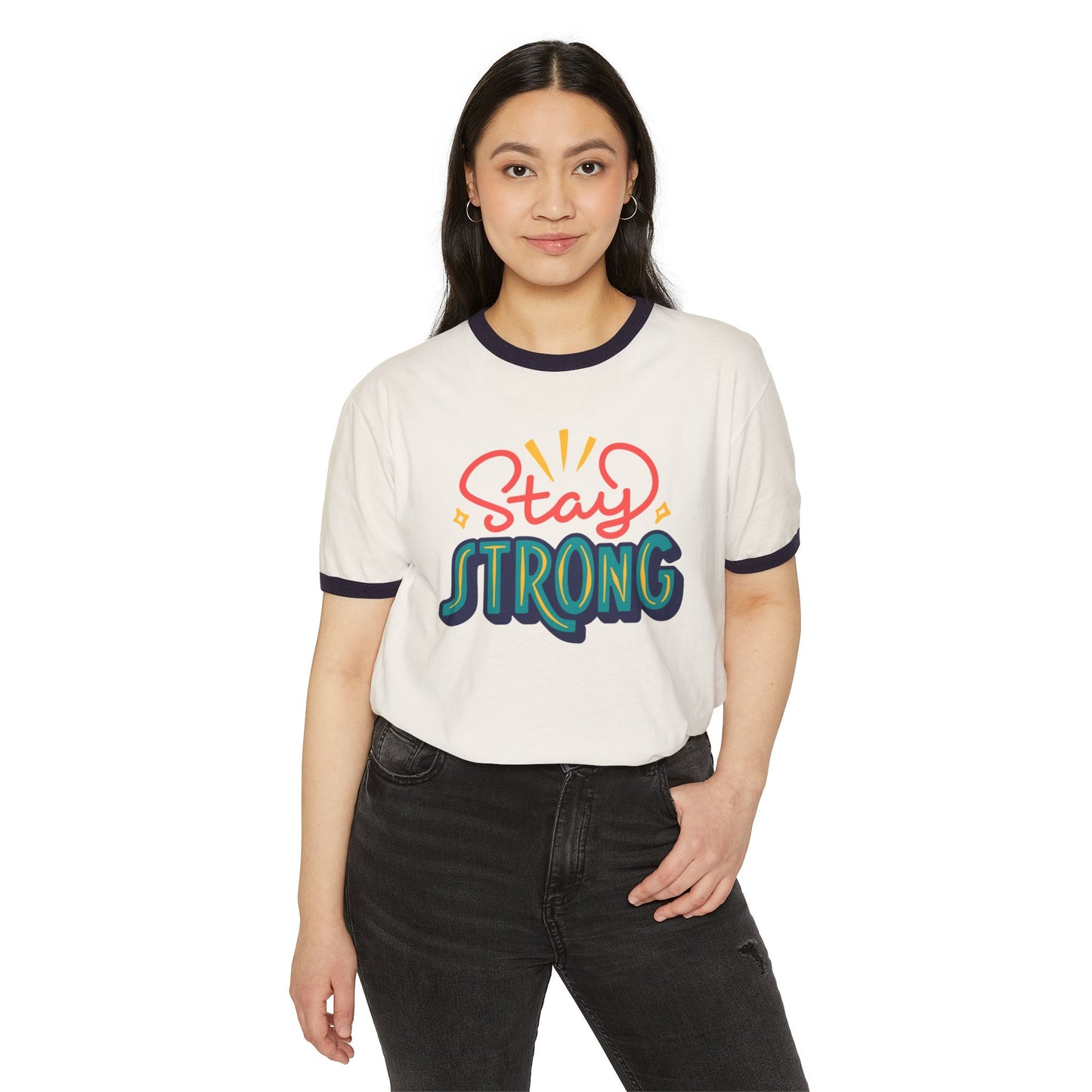 Stay Strong Unisex Cotton Ringer T-Shirt | Motivational Apparel, Gift for Friends, Positive Vibe Shirt, Casual Wear, Mental Health Awareness