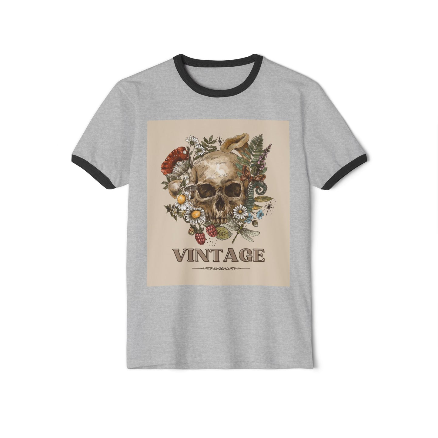 Vintage-Inspired Skull Ringer T-Shirt, Unisex Tee, Boho Style Shirt, Retro Graphic Top, Unique Gift for Halloween, Nature Lovers Apparel