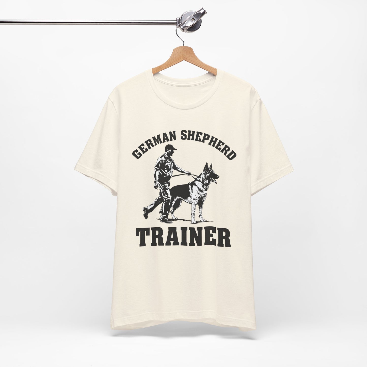 German Shepherd Trainer Tee - Black and White Design of Man Holding a German Shepherd