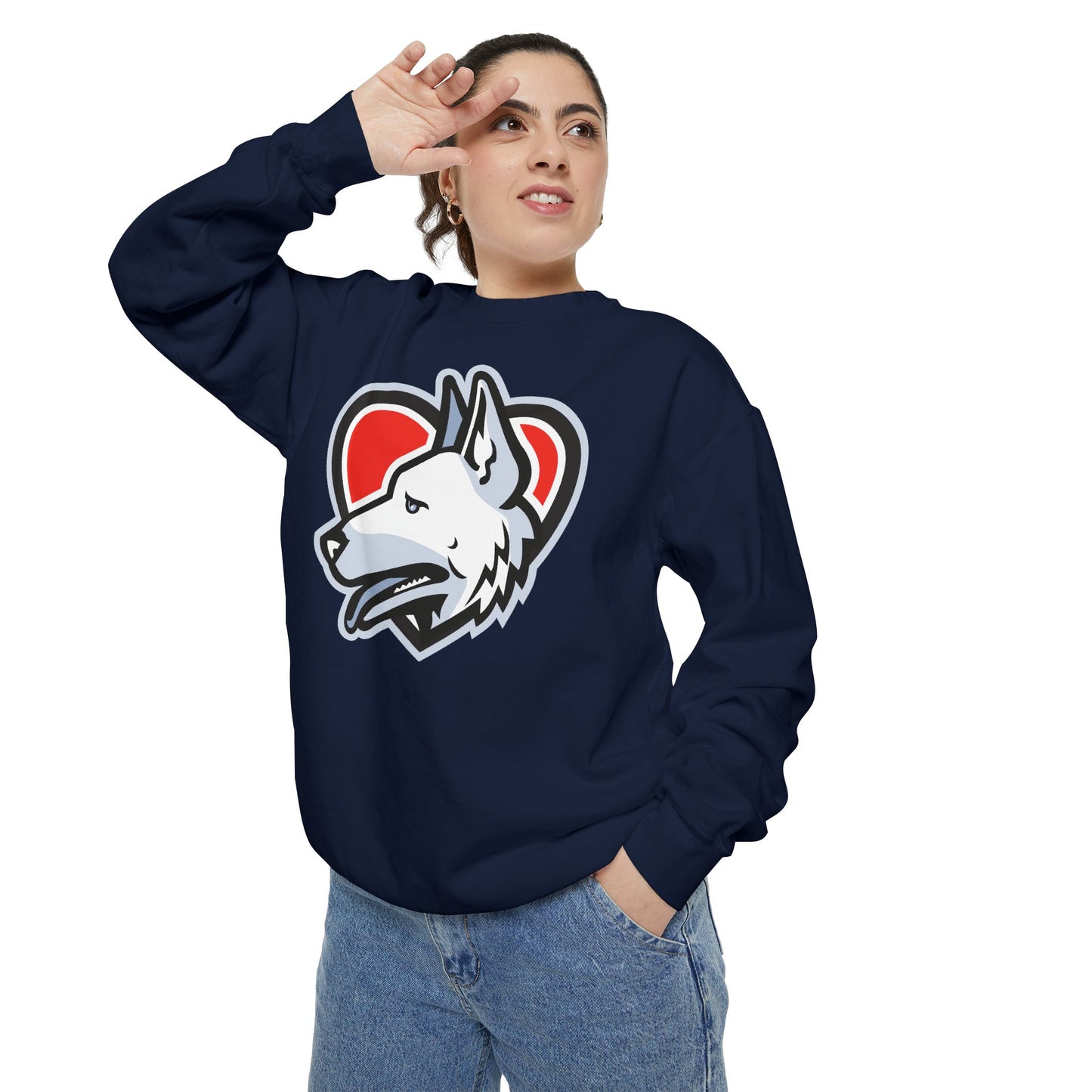 Unisex Dog Lover Sweatshirt With a Close Up Graphic of German Shepherd Placed Inside Red Heart