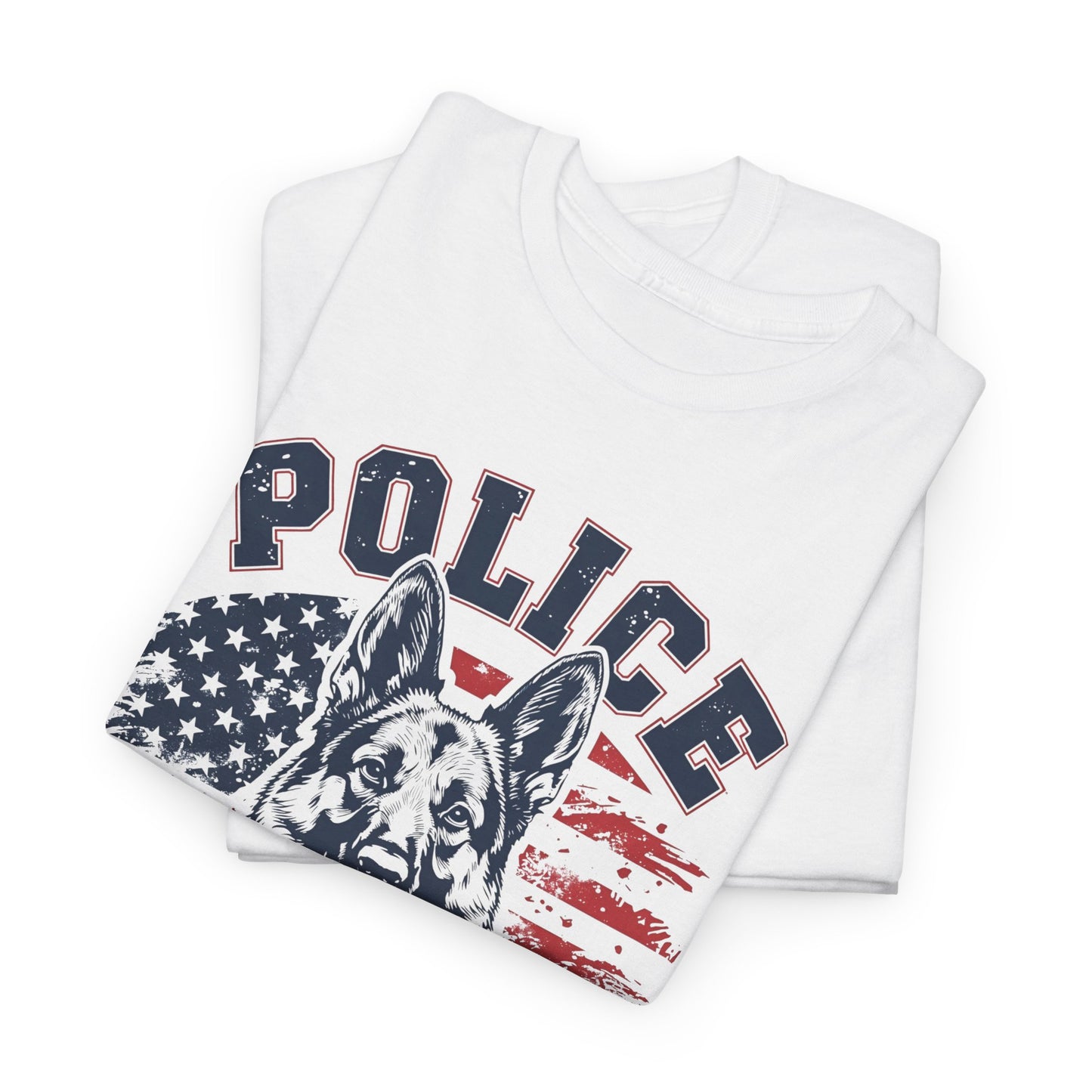 Patriotic Police K-9 Unit T-Shirt With American Flag in Background, Unisex Heavy Cotton Tee