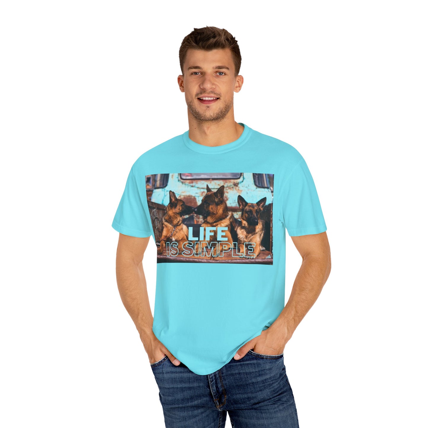 Unisex Dog Lover T-Shirt With Three German Shepherds Sitting on the Truck's Cargo Bed and Caption Life is Simple