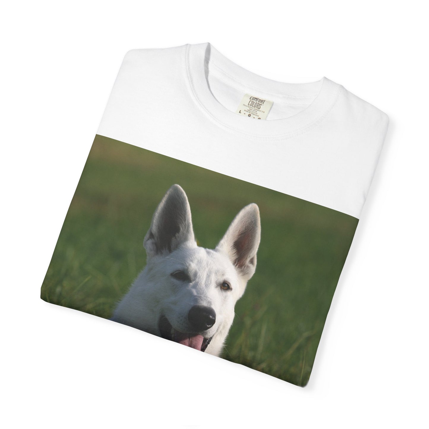 Unisex Dog Lover T-Shirt Featuring White German Shepherd Resting On Green Grass Leaving Tongue Out