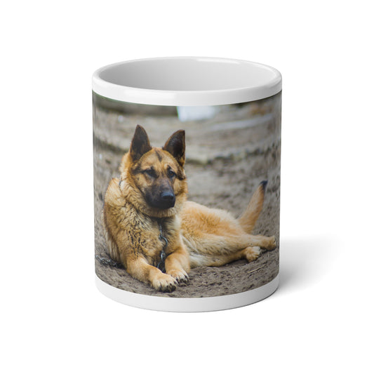 White Jumbo Dog Lover Mug, 20oz With a German Shepherd Resting on the Ground