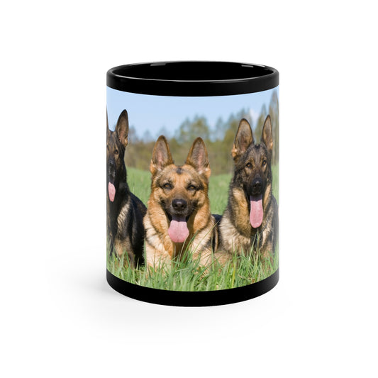 Black Dog Lover Ceramic Coffee Mug 11oz With Three Working Line German Shepherds Sitting On Grass
