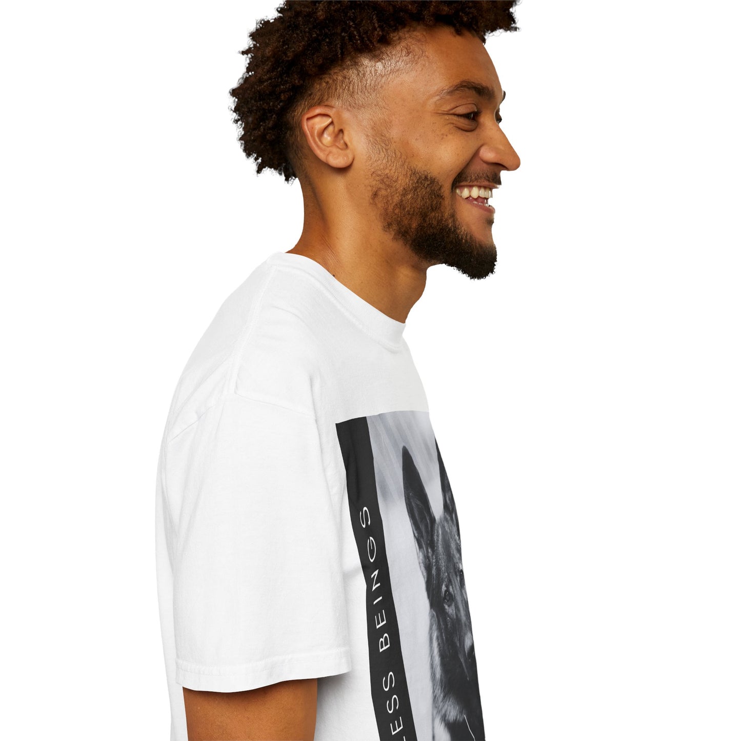 Unisex Dog Lover T-Shirt With a Working Line German Shepherd Resting on the Grass and Caption Selfless Beings