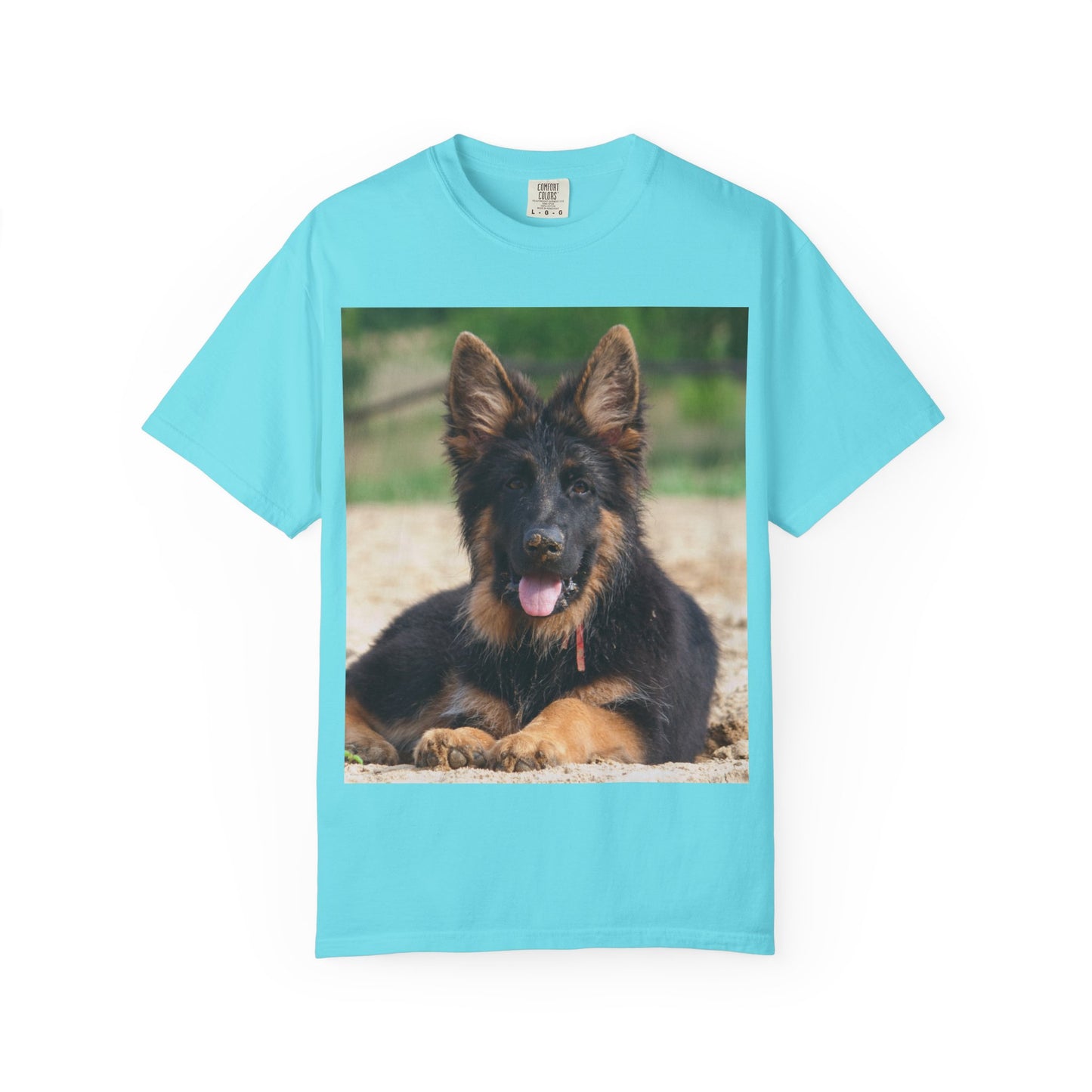 Unisex Dog Lover T-Shirt Featuring Photo of Stunning German Shepherd Puppy Resting on the Sand