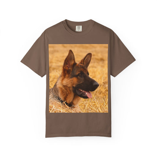 Unisex Dog Lovers T-Shirt Featuring German Shepherd Resting on the Dry Grass