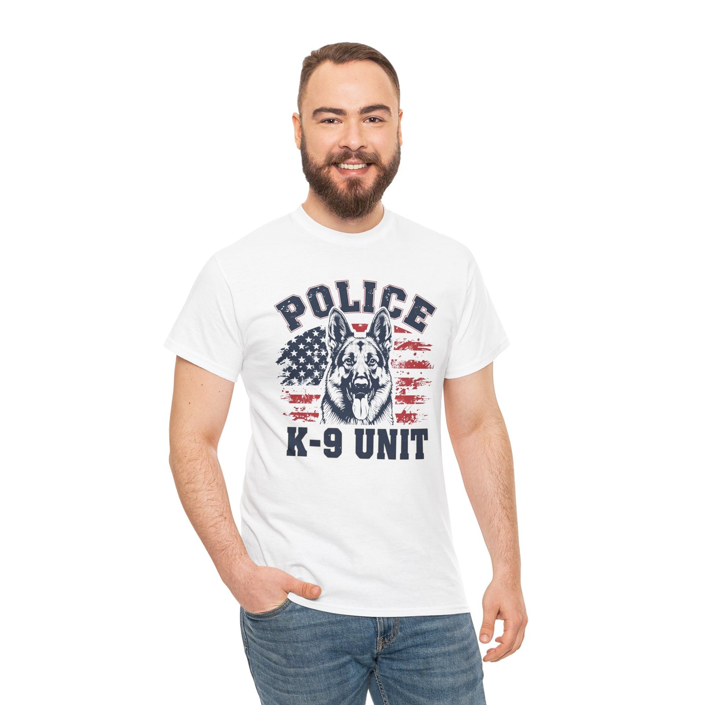 Patriotic Police K-9 Unit T-Shirt With American Flag in Background, Unisex Heavy Cotton Tee