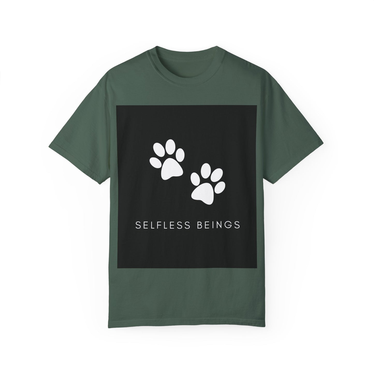 Unisex Dog Lover T-Shirt With White Dog Paw Prints and Caption Selfless Beings