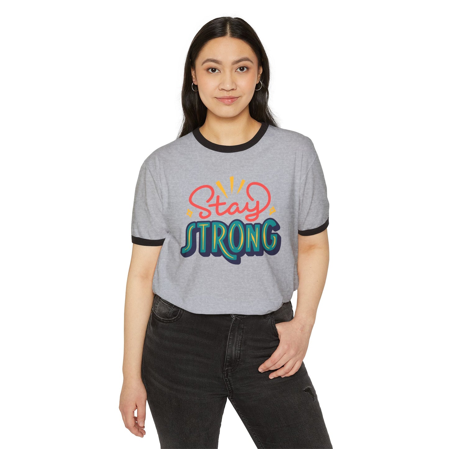 Stay Strong Unisex Cotton Ringer T-Shirt | Motivational Apparel, Gift for Friends, Positive Vibe Shirt, Casual Wear, Mental Health Awareness