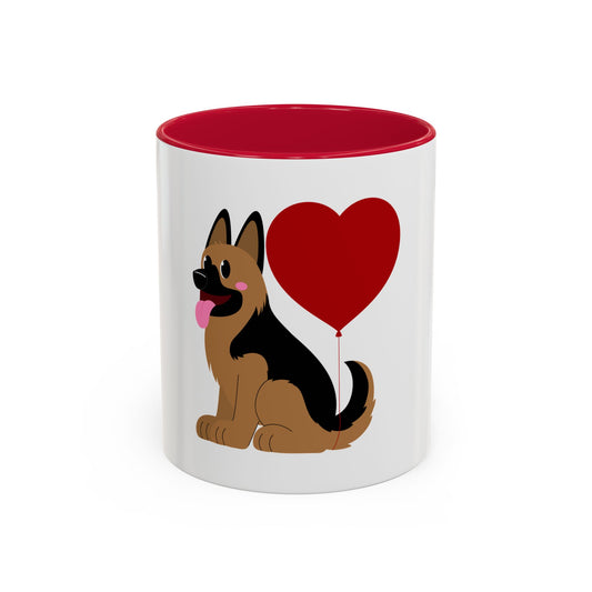 Glossy Ceramic Dog Lover Mug With a Graphic of German Shepherd Puppy and Heart Shaped Balloon Attached With Tail