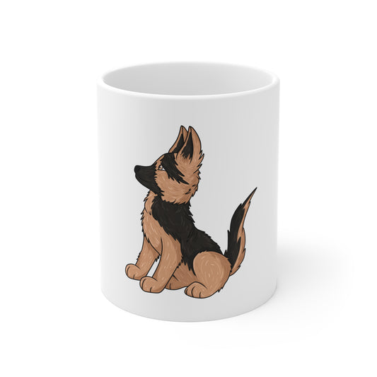 White 11oz Ceramic Dog Lover Cup With a Graphic of Cute German Shepherd Puppy Looking Upward