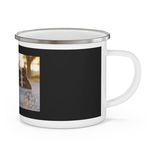 Enamel Dog Lover Camping Mug With Two Cute German Shepherd Puppies Sitting on a Cart and Caption Love