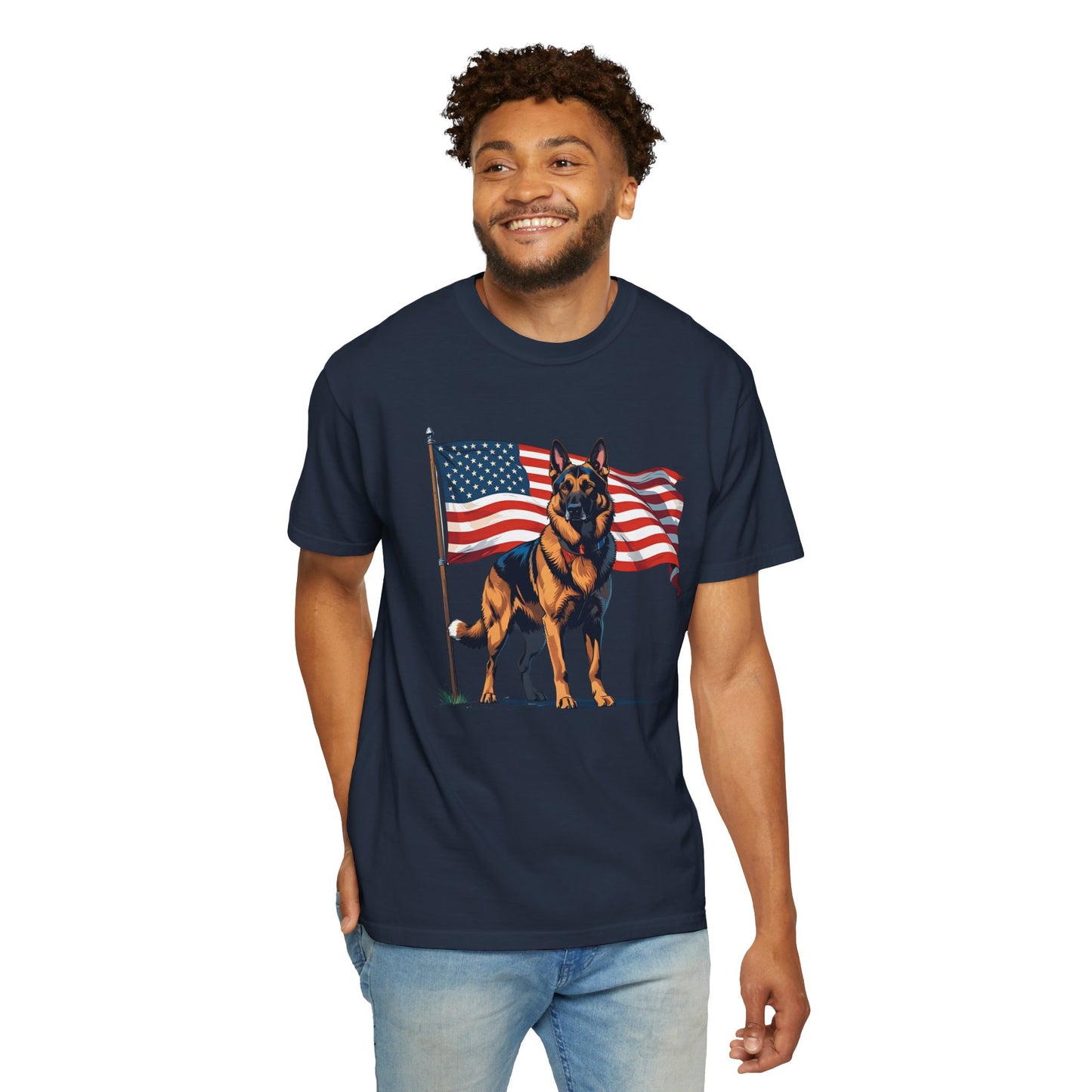 Patriotic German Shepherd Dog T-Shirt, Unisex Garment-Dyed Tee, Dog Lover Gift, US Independence Day Apparel, Casual Wear for Pet Lovers