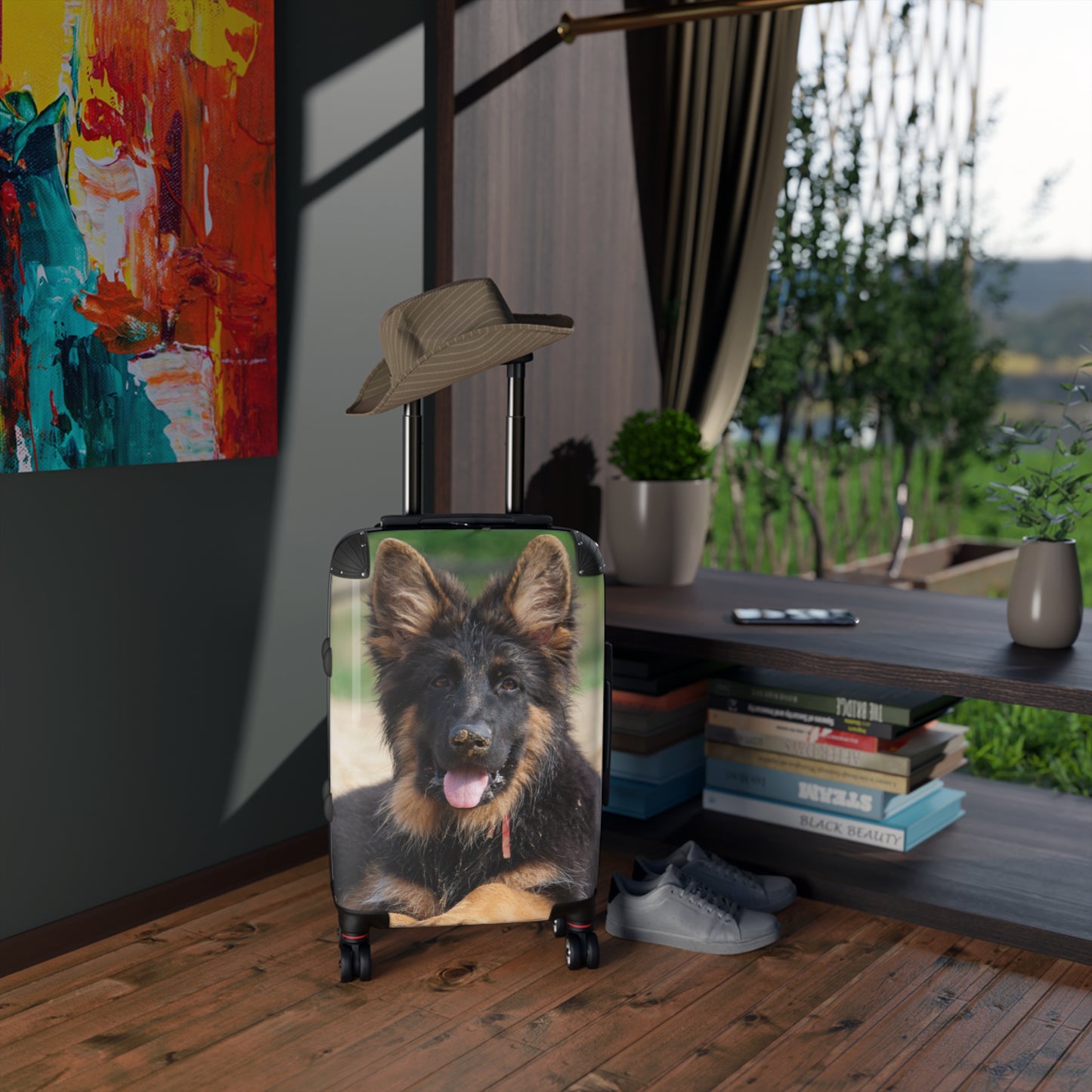 Dog Lover's Travel Suitcase Featuring a a Stunning German Shepherd Puppy Resting on the Sand