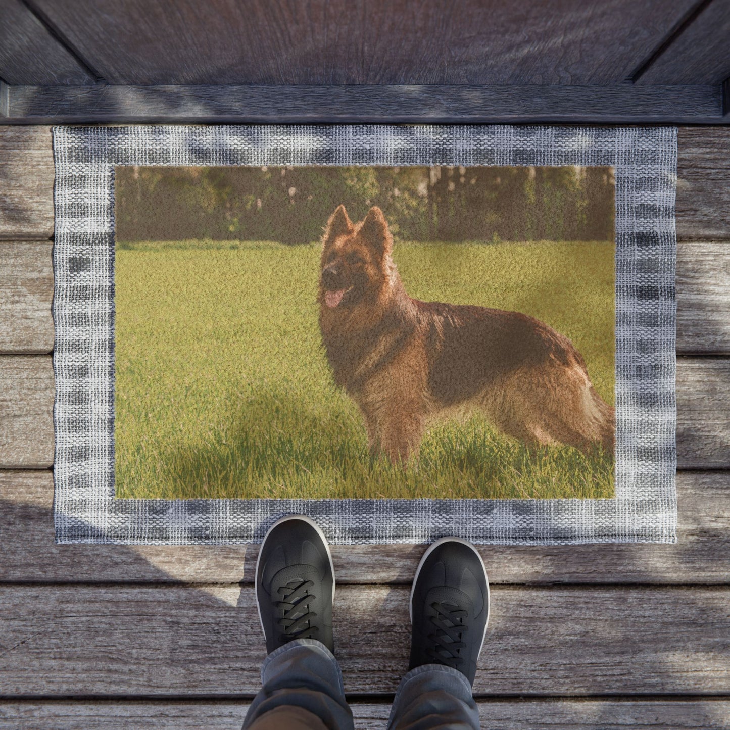 Personalized Dog Doormat Featuring a Giant German Shepherd Standing on a Green Field