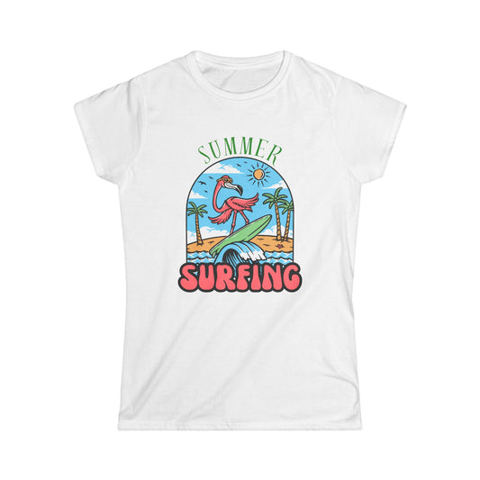 Summer Surfing Women's Softstyle Tee, Relaxed Beach Shirt, Surfing Gift for Her, Vacation Outfit, Fun Summer Apparel