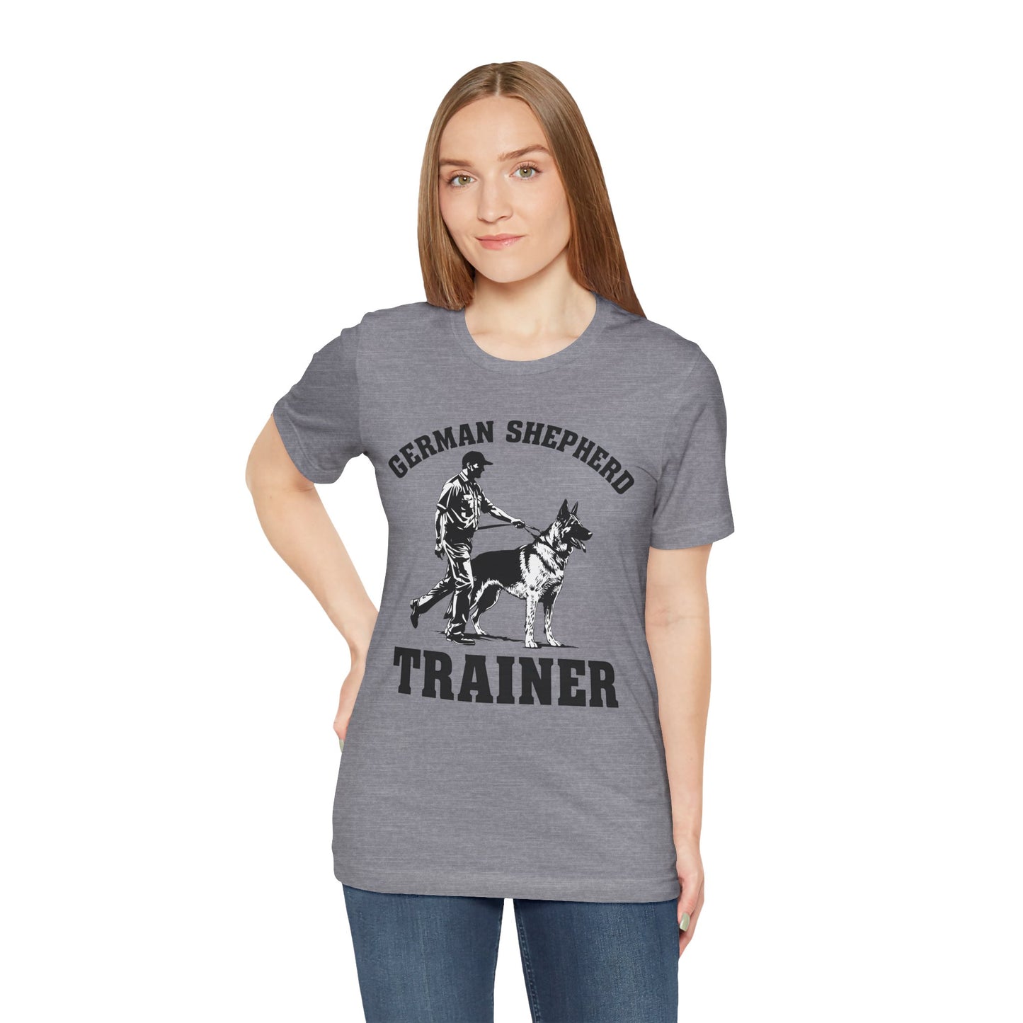 German Shepherd Trainer Tee - Black and White Design of Man Holding a German Shepherd