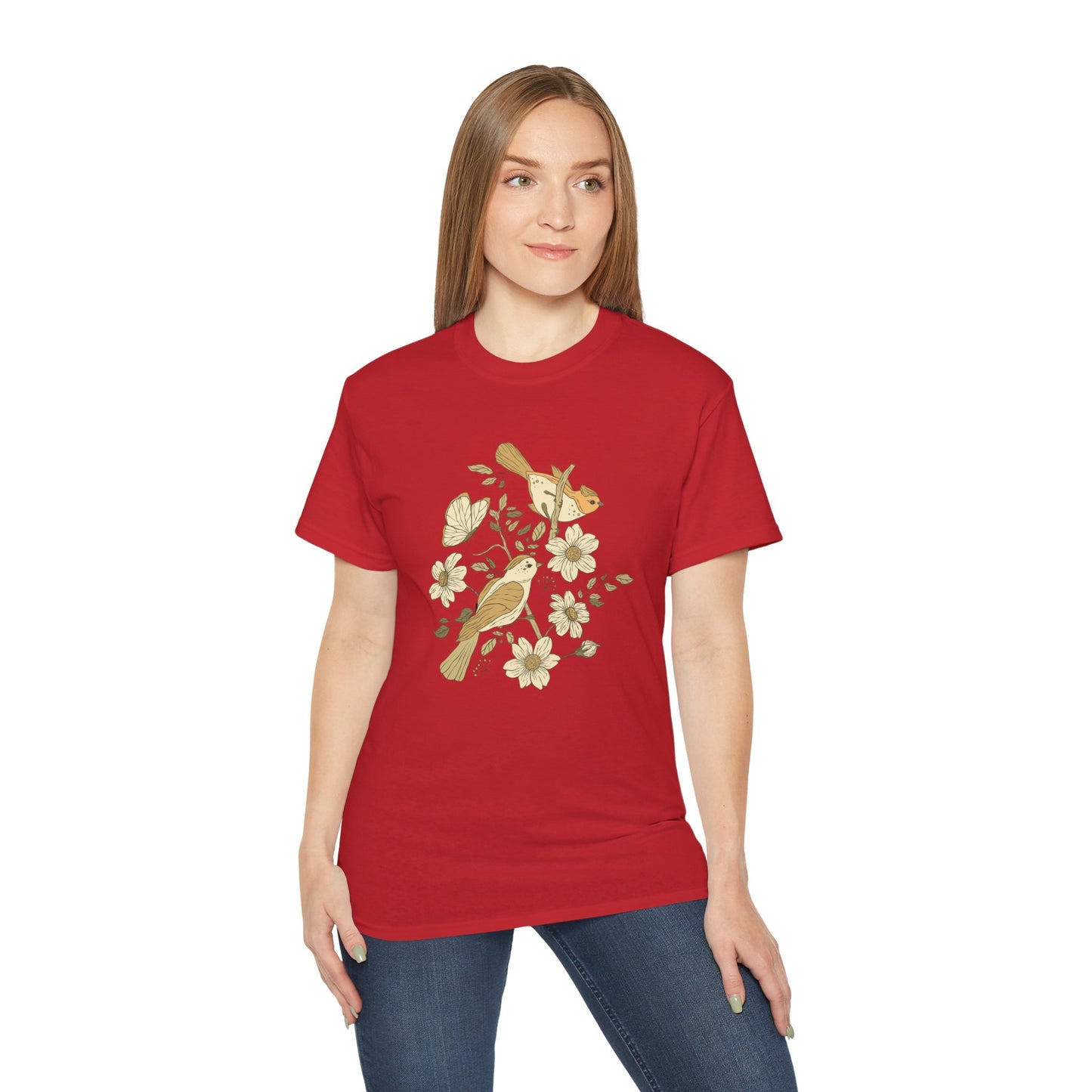 Nature-Inspired Unisex Tee, Floral Bird Print T-Shirt, Gift for Nature Lovers, Spring Fashion, Eco-Friendly Casual Wear