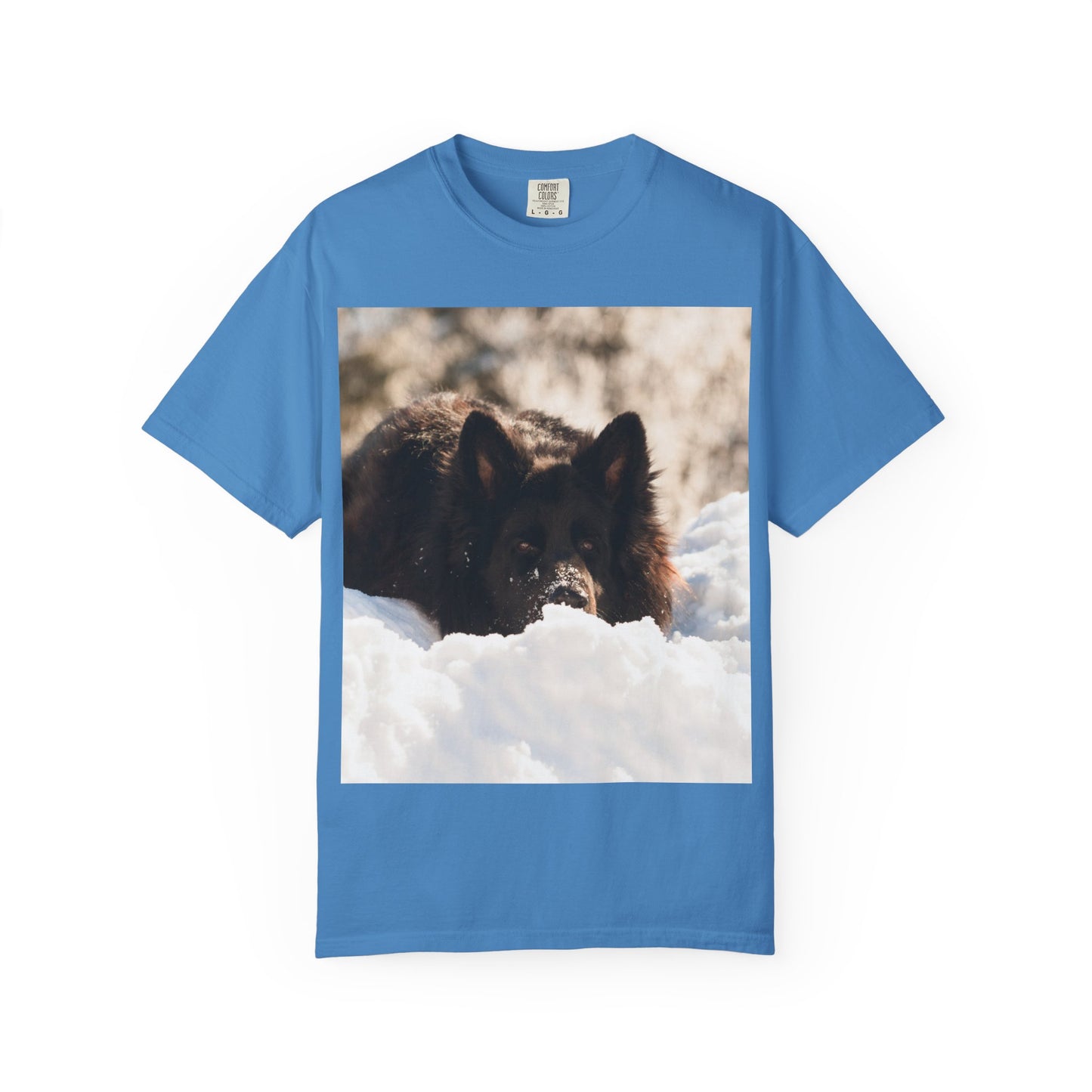 Unisex Dog Lover T-Shirt Featuring a Giant Black German Shepherd Resting on the Snow